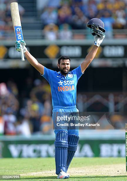 Rohit Sharma of India celebrates scoring a century during game two of the Victoria Bitter One Day International Series between Australia and India at...