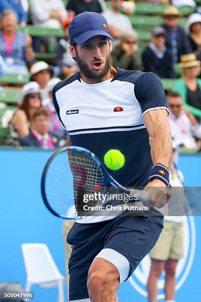 Feliciano Lopez of Spain strikes the ball whilst playing David Goffin of Belgium in the final of the 2016 Kooyong Classic on January 15, 2016 in...