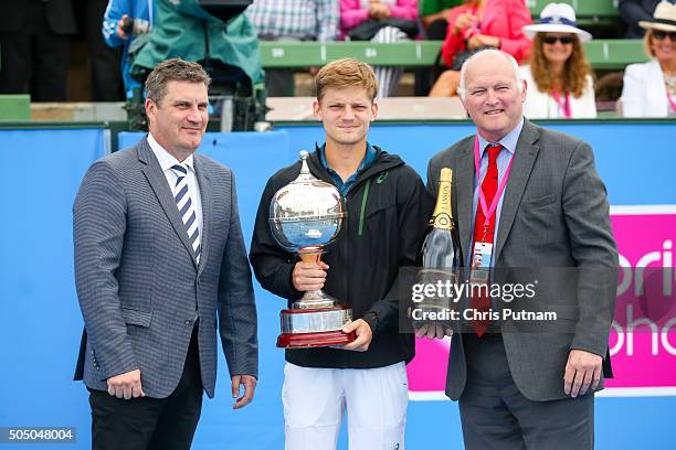 Stephen Roche with David Goffin after his win in the final of the 2016 Kooyong Classic on January 15, 2016 in Melbourne, Australia. PHOTOGRAPH BY...