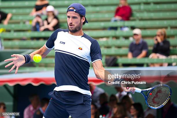 Feliciano Lopez of Spain strikes the ball whilst playing David Goffin of Belgium in the final of the 2016 Kooyong Classic on January 15, 2016 in...