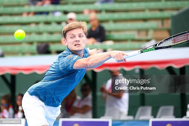 David Goffin of Belgium strikes the ball whilst playing Feliciano Lopez of Spain in the final of the 2016 Kooyong Classic on January 15, 2016 in...