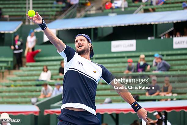 Feliciano Lopez of Spain serves to David Goffin of Belgium in the final of the 2016 Kooyong Classic on January 15, 2016 in Melbourne, Australia....