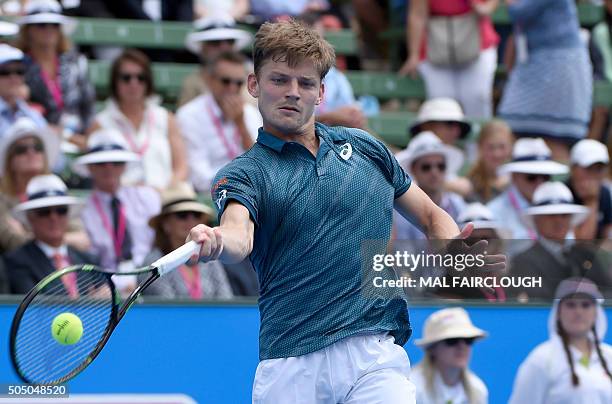 David Goffin of Belgium hits a return against Feliciano Lopez of Spain during the men's singles final on day four at the Kooyong Classic tennis...