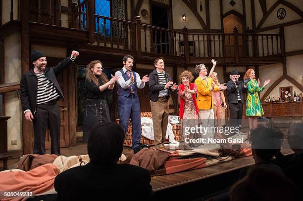 The cast of "Noises Off" perform onstage during "Noises Off" Broadway opening night at American Airlines Theatre on January 14, 2016 in New York City.