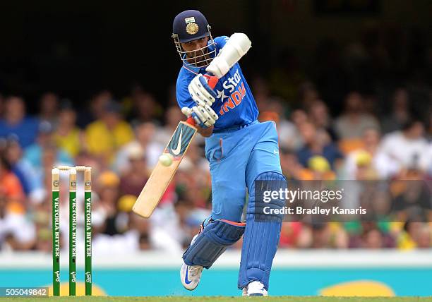 Manish Pandey of India plays a shot during game two of the Victoria Bitter One Day International Series between Australia and India at The Gabba on...