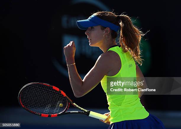 Alize Cornet of France celebrates a point in the semi-final singles match against Johanna Larsson of Sweden during day six of the 2016 Hobart...