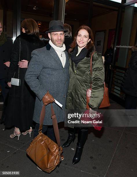 Noah Brody and Jessie Austrian attend "Noises Off" Broadway opening night at American Airlines Theatre on January 14, 2016 in New York City.