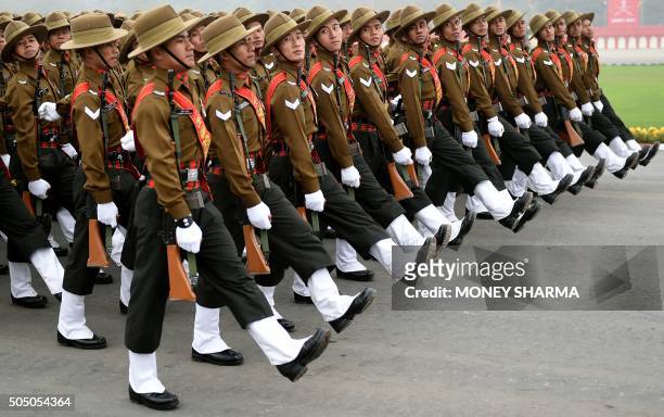 The Indian Army's Assam Rifles regiment marches during the Army Day parade in New Delhi on January 15, 2016. The Indian army celebrated the 67th...