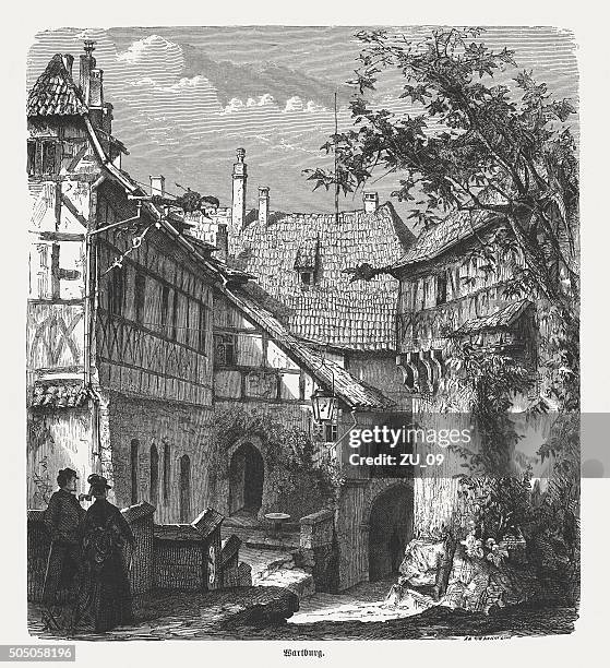 wartburg in germany, wood engraving, published in 1873 - timber framed stock illustrations