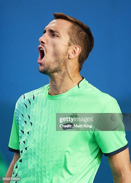 Viktor Troicki of Serbia celebrates bringing up match point in his semi final match against Teymuraz Gabashvili of Russia during day six of the 2016...