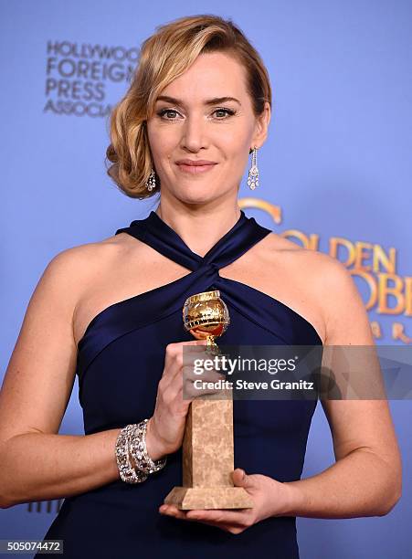 Kate Winslet poses at the 73rd Annual Golden Globe Awardsat The Beverly Hilton Hotel on January 10, 2016 in Beverly Hills, California.