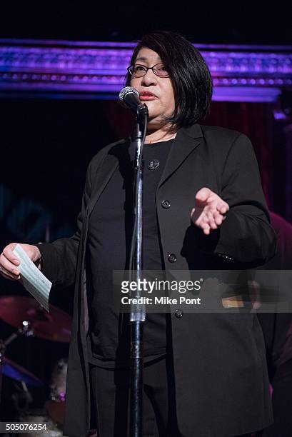 Sylvia Reed speaks on stage during the Velvet Underground Lou Reed Benefit Tribute 50th Anniversary Celebration of the Arts at The Cutting Room on...
