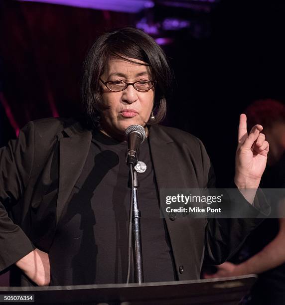 Sylvia Reed speaks on stage during the Velvet Underground Lou Reed Benefit Tribute 50th Anniversary Celebration of the Arts at The Cutting Room on...