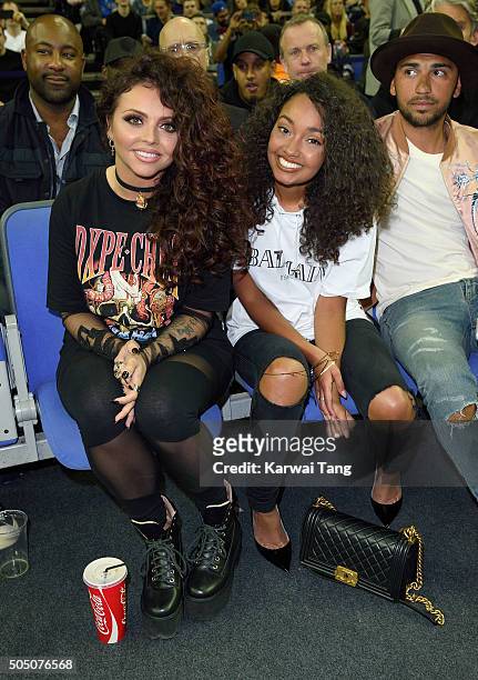 Jesy Nelson and Leigh-Anne Pinnock of Little Mix attend the Orlando Magic vs Toronto Raptors NBA Global Game at The O2 Arena on January 14, 2016 in...