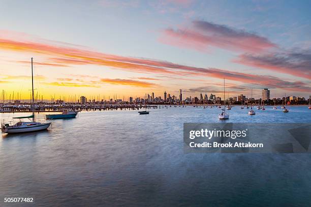 melbourne sunset. - st kilda beach stock pictures, royalty-free photos & images