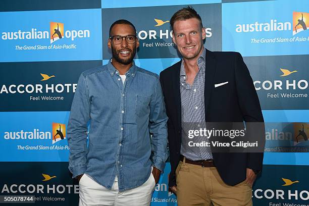 Josh Gibson, AFL footballer with Hawthorn poses with Sam Groth at the 2016 Australian Open Players Party at Club Sofitel Lounge on January 15, 2016...