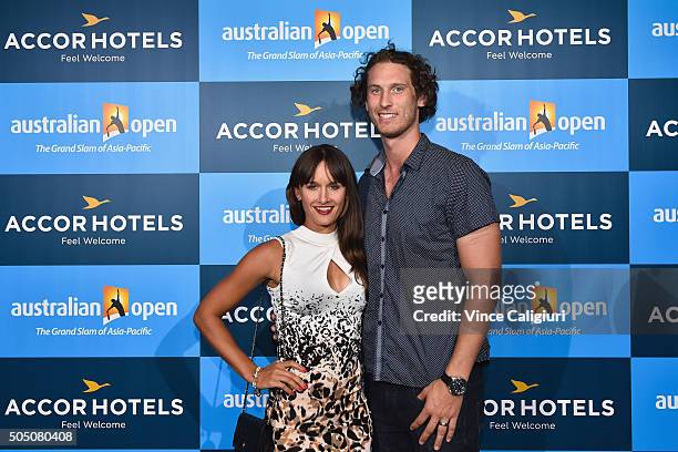 Tyrone Vickery, AFL footballer with Richmond poses with wife and player Arina Rodionova at the 2016 Australian Open Players Party at Club Sofitel...