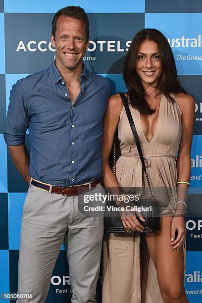 Robert Lindstedt of Sweden and Tina Corinteli arrive at the 2016 Australian Open Players Party at Club Sofitel Lounge on January 15, 2016 in...