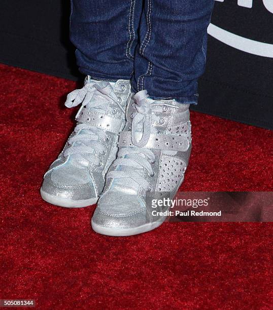 Actress Rebecca Bloom, shoe detail, arrives at the Premiere of Amazon's "Just Add Magic" at ArcLight Hollywood on January 14, 2016 in Hollywood,...