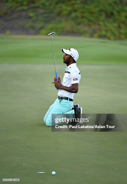 Chikkarangappa of India reacts during the Asian Tour Qualifying School Final Stage at Springfield Royal Country Club on January 15, 2016 in Hua Hin,...