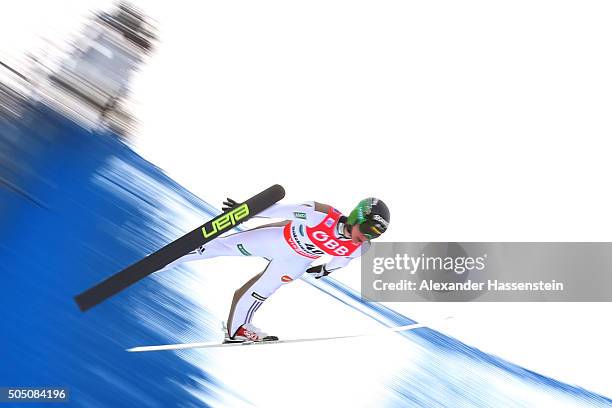 Peter Prevc of Slovenia competes in the trail jump of the FIS Ski Flying World Championship 2016 during day 2 at the Kulm on January 15, 2016 in Bad...