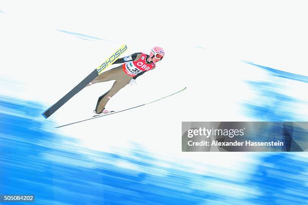 Stefan Kraft of Austria competes in the trail jump of the FIS Ski Flying World Championship 2016 during day 2 at the Kulm on January 15, 2016 in Bad...