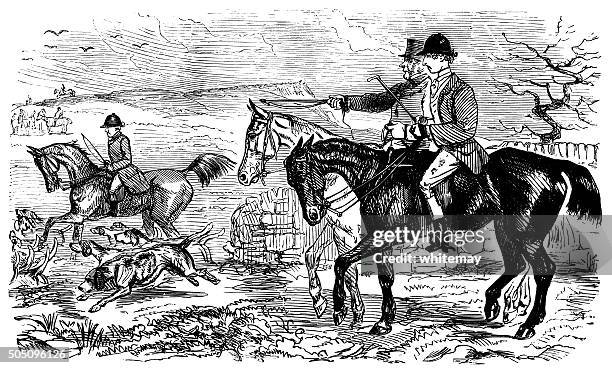 two victorian huntsmen discussing a horse - beagle stock illustrations