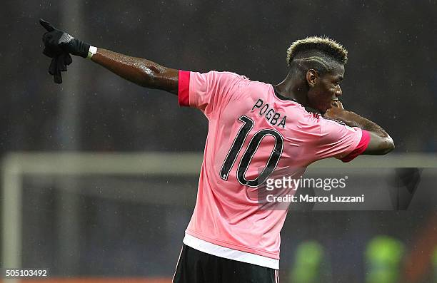 Paul Pogba of Juventus FC celebrates a victory at the end of the Serie A match between UC Sampdoria and Juventus FC at Stadio Luigi Ferraris on...