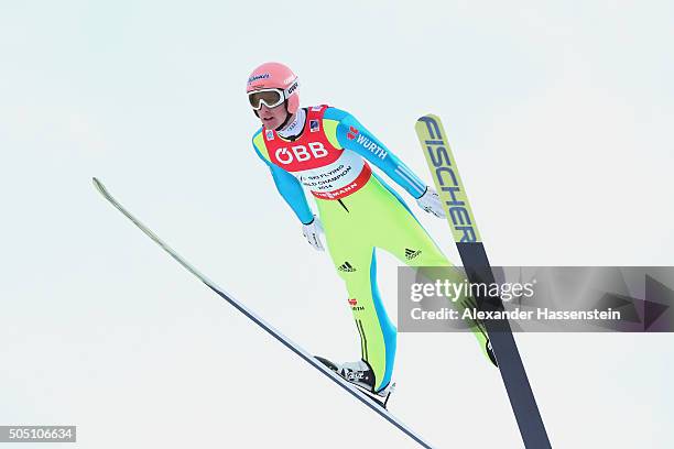 Severin Freund of Germany competes in the 1st round of the FIS Ski Flying World Championship 2016 during day 2 at the Kulm on January 15, 2016 in Bad...