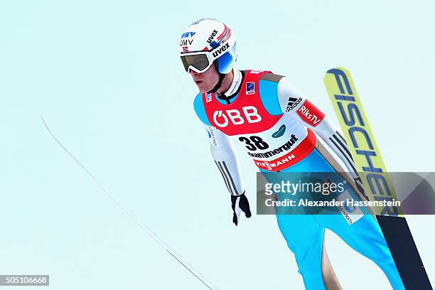 Kenneth Gangnes of Norway competes in the 1st round of the FIS Ski Flying World Championship 2016 during day 2 at the Kulm on January 15, 2016 in Bad...