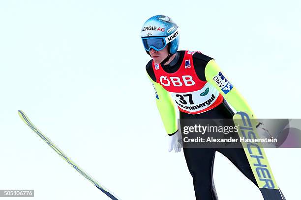 Michael Hayboeck of Austria competes in the 1st round of the FIS Ski Flying World Championship 2016 during day 2 at the Kulm on January 15, 2016 in...
