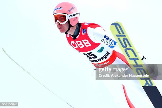 Stefan Kraft of Austria competes in the 1st round of the FIS Ski Flying World Championship 2016 during day 2 at the Kulm on January 15, 2016 in Bad...