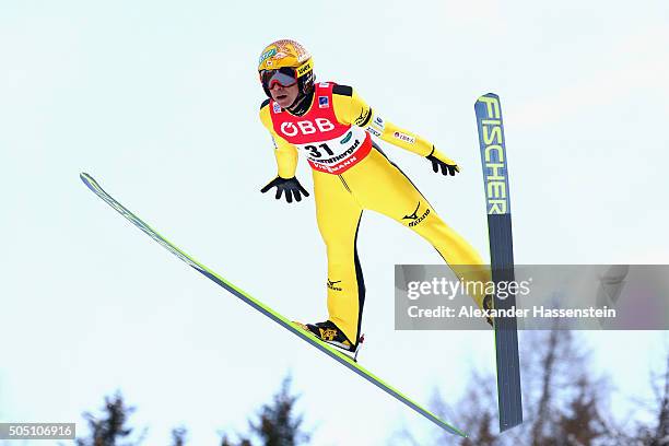 Noriaki Kasai of Japan competes in the 1st round of the FIS Ski Flying World Championship 2016 during day 2 at the Kulm on January 15, 2016 in Bad...