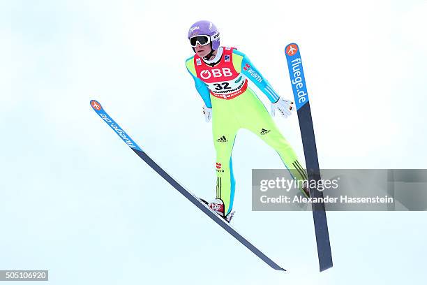 Andreas Wellinger of Germany competes in the 1st round of the FIS Ski Flying World Championship 2016 during day 2 at the Kulm on January 15, 2016 in...