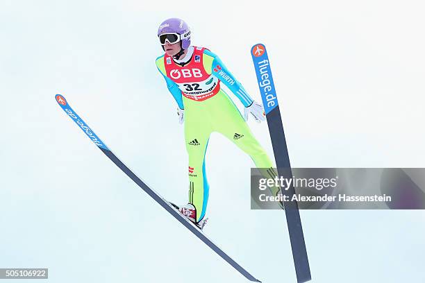 Andreas Wellinger of Germany competes in the 1st round of the FIS Ski Flying World Championship 2016 during day 2 at the Kulm on January 15, 2016 in...