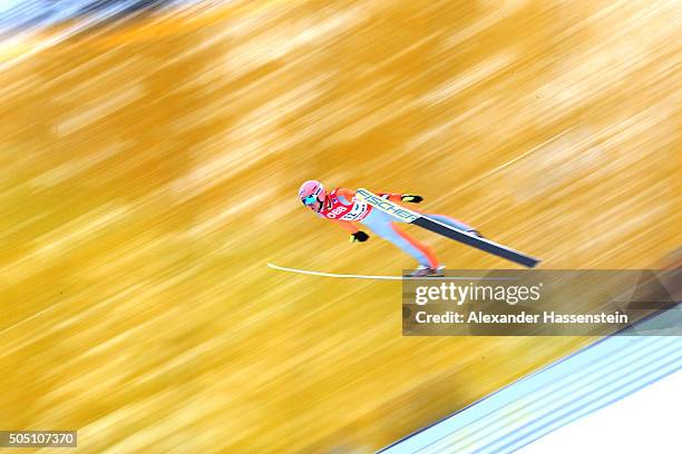 Dawid Kubacki of Poland competes in the 2nd round of the FIS Ski Flying World Championship 2016 during day 2 at the Kulm on January 15, 2016 in Bad...