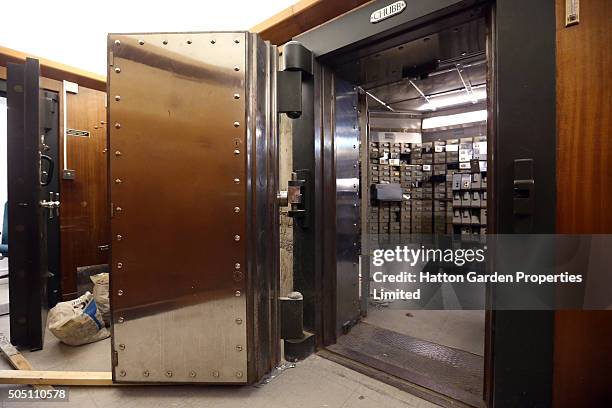 The reinforced steel door to the underground vault of the Hatton Garden Safe Deposit Company which was raided in what has been called the largest...