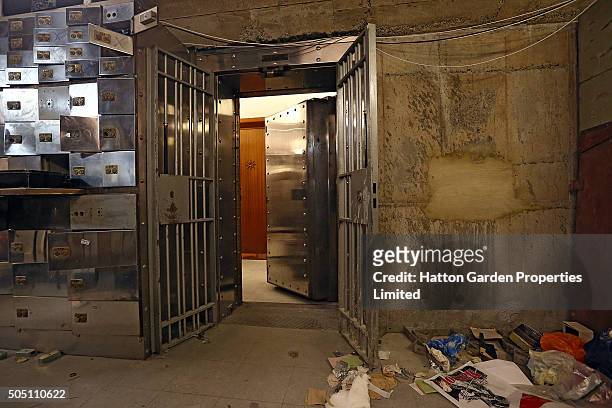 Smashed safe deposit boxes, the fortified entrance and the sealed hole that had been cut through the 50cm-thick concrete wall are pictured in the...