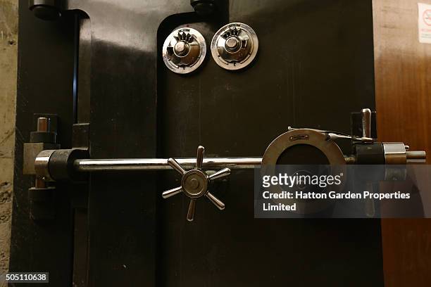 The reinforced steel door to the underground vault of the Hatton Garden Safe Deposit Company which was raided in what has been called the largest...