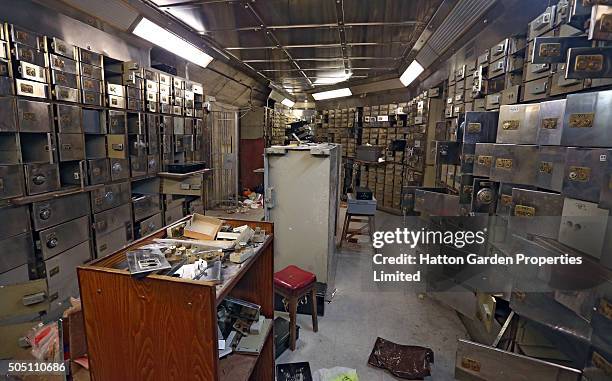 Smashed safe deposit boxes are pictured in the underground vault of the Hatton Garden Safe Deposit Company which was raided in what has been called...