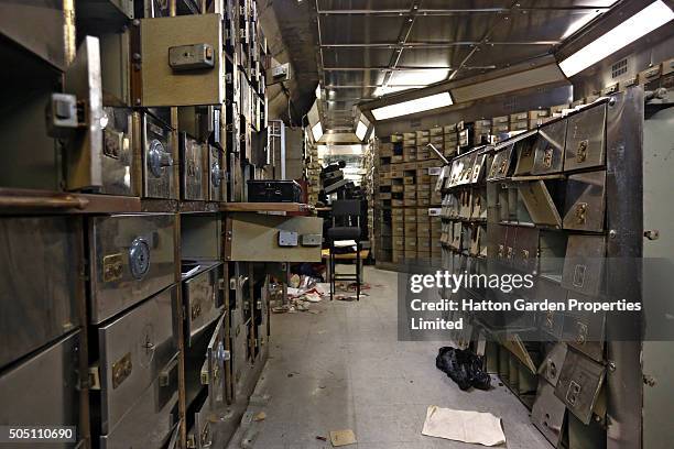 Smashed safe deposit boxes are pictured in the underground vault of the Hatton Garden Safe Deposit Company which was raided in what has been called...