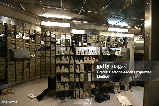 Smashed safe deposit boxes are pictured in the underground vault of the Hatton Garden Safe Deposit Company which was raided in what has been called...