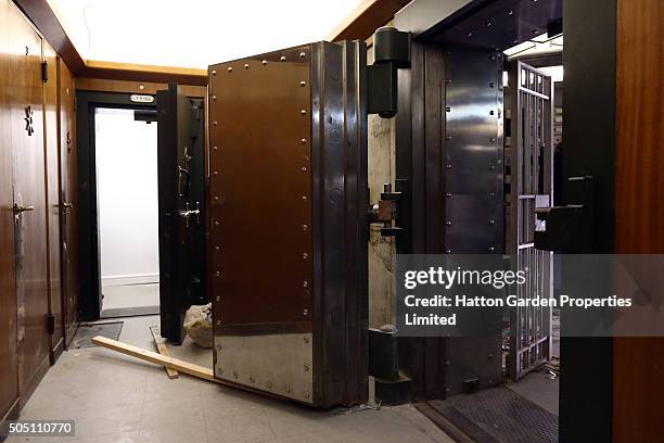 The reinforced steel door to the underground vault of the Hatton Garden Safe Deposit Company which was raided in what has been called the largest...