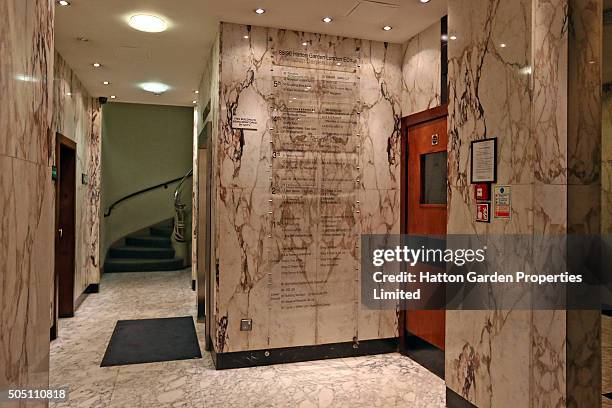 The reception area of the building housing the underground vault of the Hatton Garden Safe Deposit Company which was raided in what has been called...