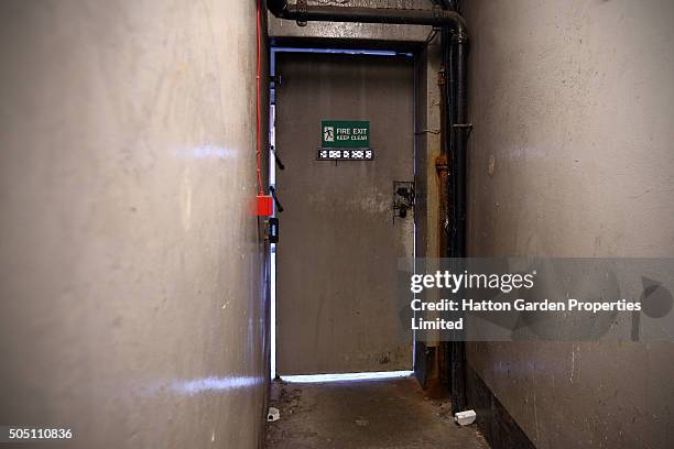 The alleyway between an exit and the underground vault of the Hatton Garden Safe Deposit Company which was raided in what has been called the largest...