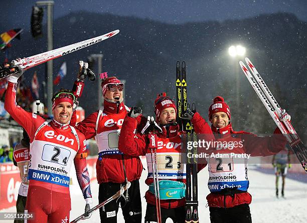 Emil Hagle Svendsen, Tarjei Boe, Johannes Thingnes Boe and Ole Einar Bjoerndalen of Norway celebrate victory in the Men's 4x7.5km relay of the...