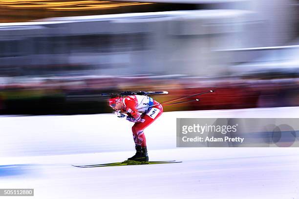 Tarjei Boe of Norway coasts down the coarse for victory in the Men's 4x7.5km relay of the Ruhpolding IBU Biathlon World Cup on January 15, 2016 in...