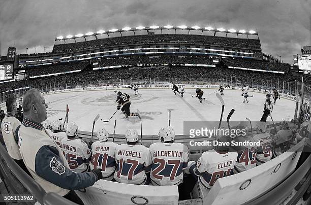Head coach Michel Therrien of the Montreal Canadiens watches his team as they play the Boston Bruins in the 2016 Bridgestone NHL Classic at Gillette...