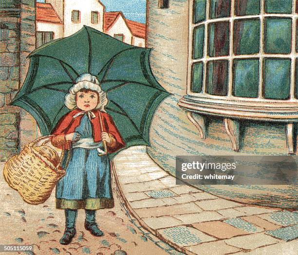 small victorian girl going shopping - city cobblestone stock illustrations