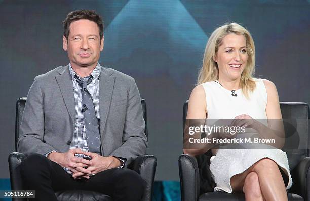 Actors David Duchovny and Gillian Anderson speak onstage during "The X-Files" panel discussion at the FOX portion of the 2015 Winter TCA Tour at the...